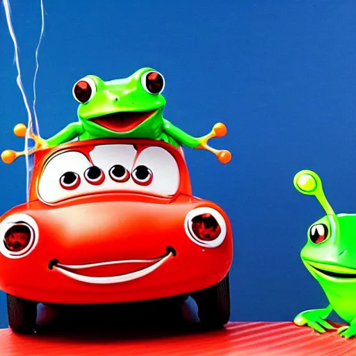 Prompt: cute chibi frog driving a red little cartoon car anime