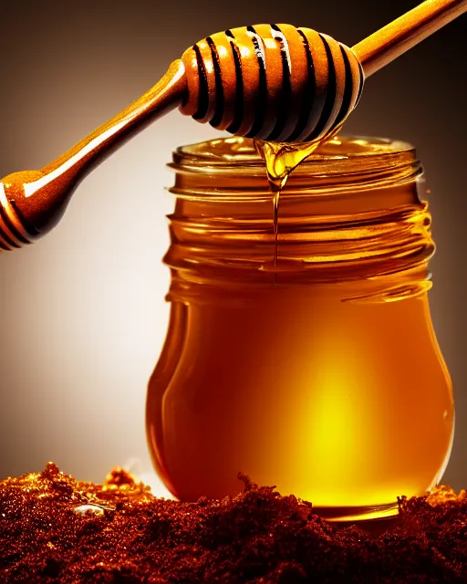 Image similar to honey dipper!!, dripping nectar from the gods, onto the planet earth!!, coating it in honey, highly detailed, dynamic shadows, 4 k, wallpaper, professional photo, caustics