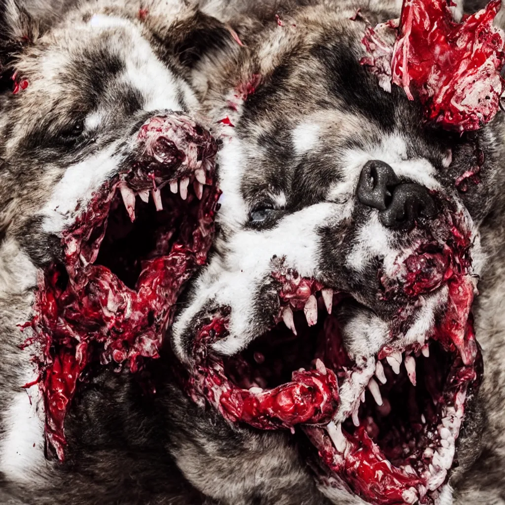 Image similar to horrifying and demonic dog with bloody fangs