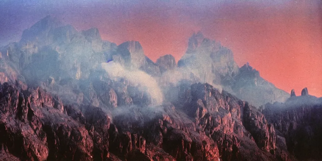 Prompt: 1 9 2 0 s color spirit photography 9 1 1 1 2 1 of alpine red sunrise in the dolomites, smoke from mountains, by william hope, beautiful, dreamy, grainy