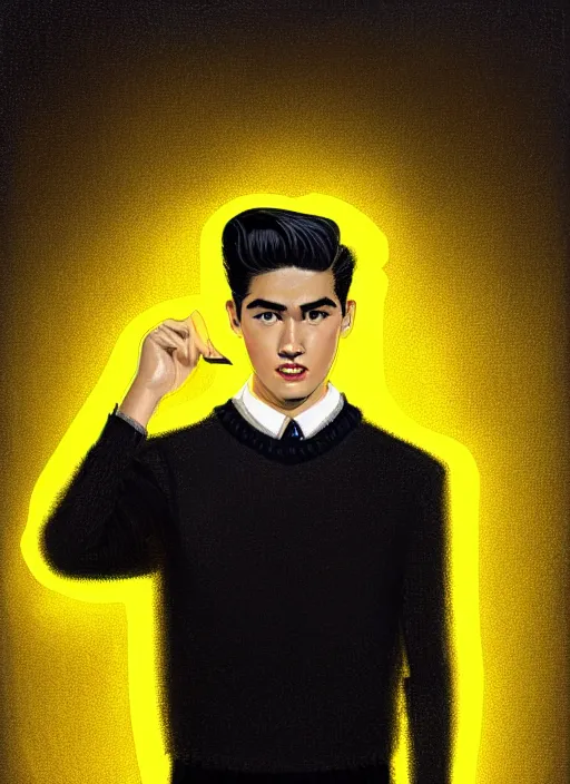 Image similar to portrait of young reggie mantle, mean smirk, egotistical, slicked back hair, striped yellow and black sweater, 1 9 5 0 s, intricate, elegant, glowing lights, highly detailed, digital painting, artstation, concept art, smooth, sharp focus, illustration, art by wlop, mars ravelo and greg rutkowski