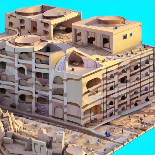 Image similar to big scale toy hotel in the dessert, 3 d cubism