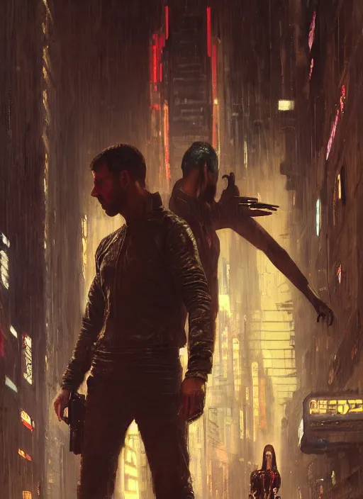 Image similar to blade runner confronts replicant android ( blade runner 2 0 4 9, cyberpunk 2 0 7 7 character design ). orientalist portrait by john william waterhouse and james gurney and theodore ralli and nasreddine dinet, oil on canvas. cinematic, hyper realism, realistic proportions, dramatic lighting, high detail 4 k