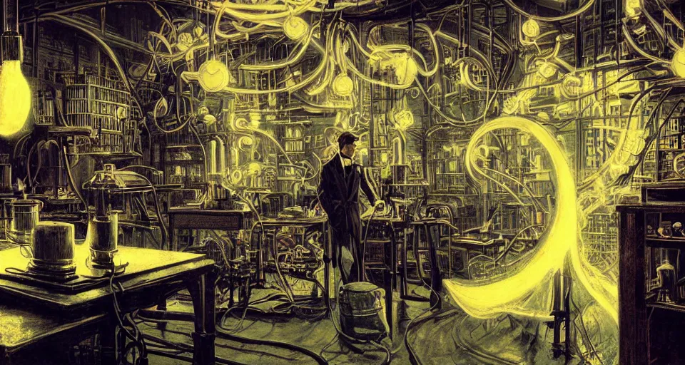 Image similar to nikolai tesla in his lab, electrical arcs, magical sparks, large glowing light bulbs, neon glow, highly detailed, digital art, intricate, dramatic lighting, retro futuristic, neon colors, cinematic, art by norman rockwell, greg rutkowski, james gurney, giger