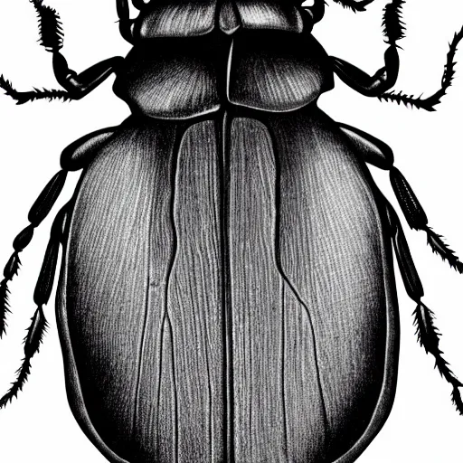 Image similar to beetle, black and white, botanical illustration, black ink on white paper, bold lines