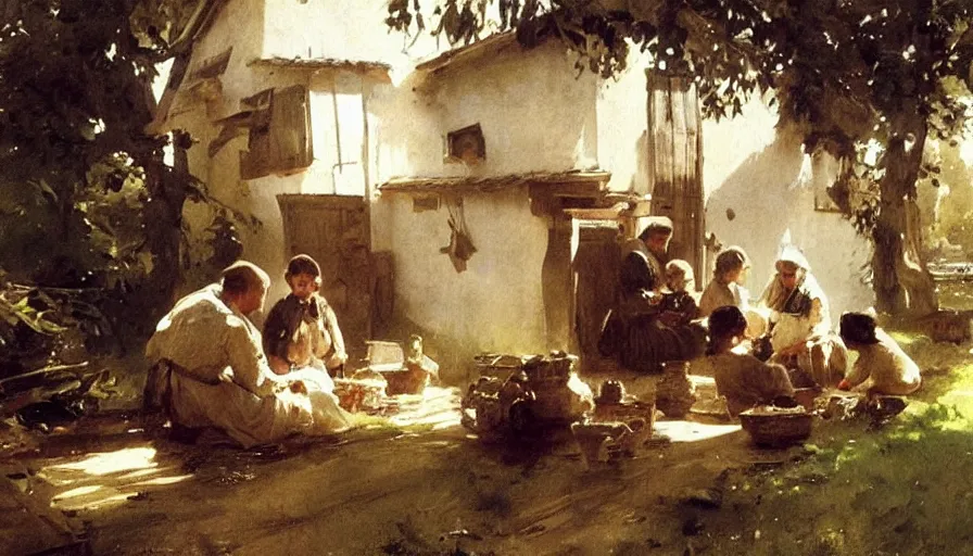 Image similar to simple villager family about to eat a meal together in their beautiful simple cottage home, art by anders zorn, wonderful masterpiece by greg rutkowski, beautiful cinematic light, american romanticism thomas lawrence, greg rutkowski