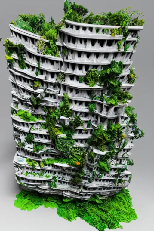 Prompt: 3 d printed physical model organic flowy including more than one city into one vertical building model that sits on a table in a room with a view back, multiple stories, transparent, with vegetation, colorful, eye - level view, 8 0 k, octane render, highly detailed 3 d render,