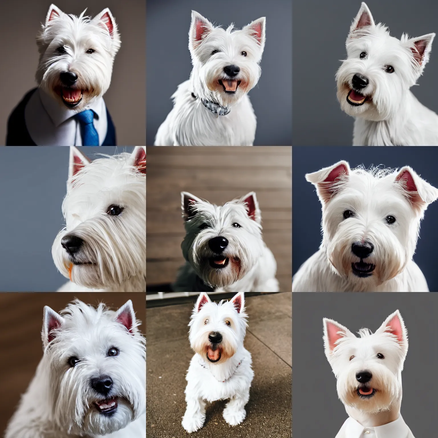Prompt: a high detail shot of a west highland white terrier wearing a suit, smiling, realism, 8k