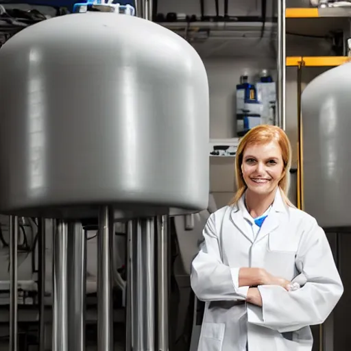 Prompt: woman in a lab coat leaning against a large compressed air tank. she's smirking while holding on to the tank's valve.