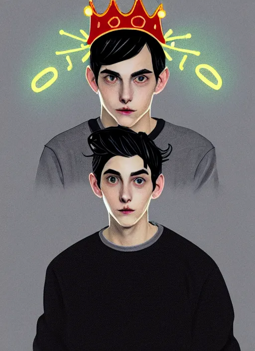 Image similar to portrait of teenage jughead jones wearing a light grey crown, photorealistic, crown, eyes closed, crown, black hair, sweater with letter s on it, letter s, intricate, elegant, glowing lights, highly detailed, digital painting, artstation, concept art, smooth, sharp focus, illustration, art by wlop, mars ravelo and greg rutkowski