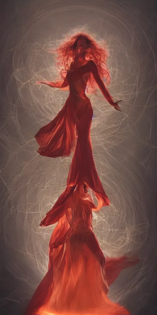 Prompt: A woman floats in midair, encircled by a ring of fire. She wears a crimson gown and her hair is wild and flowing. In her hands she holds a staff adorned with a large crystal ball, super coherent, trending on artstation, single subject, female, magic, full body portrait, by Lulu Chen and Mandy Jurgens