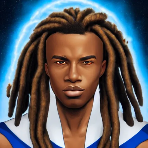 Image similar to a marvel movie style portrait design featuring a young male african american superhero johnny storm with brown dreadlocks hair, blue uniform with the number 4 on the chest in a round logo, full body, hair and arms on fire, cinematic, high detail, no imperfections, extremely symmetric facial features, unreal engine, 8 k, by kevin fiege