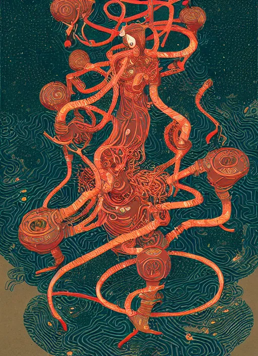 Image similar to nezha with three heads and six arms by victo ngai