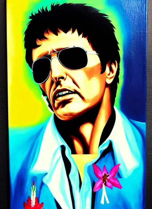 Image similar to ' acrylic painting of tony montana in a style of cyberpunk delivery club, in salvia divinorum, photorealistic glamour necro science'