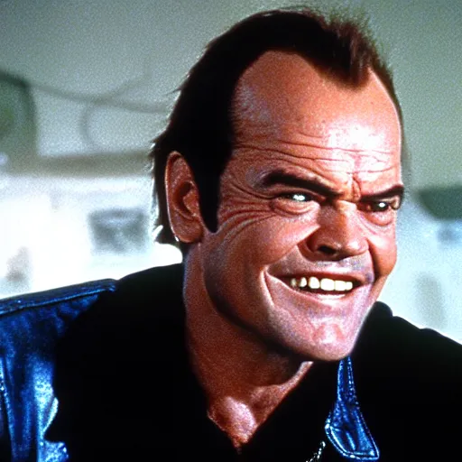 Prompt: Jack Nicholson plays Terminator, epic scene where his inner endoskeleton gets exposed