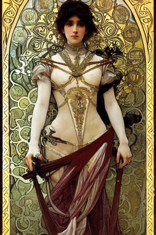 Image similar to full body of a beautiful woman wearing shining armor, fantasy, intricate, elegant, D&D, painted by alphonse mucha and edgar maxence