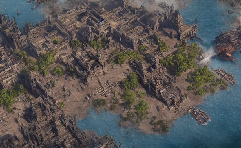 Prompt: many 15th century ships surrounding a burning Aztec city located on an island, aerial view, high detail, by Craig Mullins, Peter Mohrbacher, unreal engine, octane rendered, 8K, dark beauty, trending on artstation