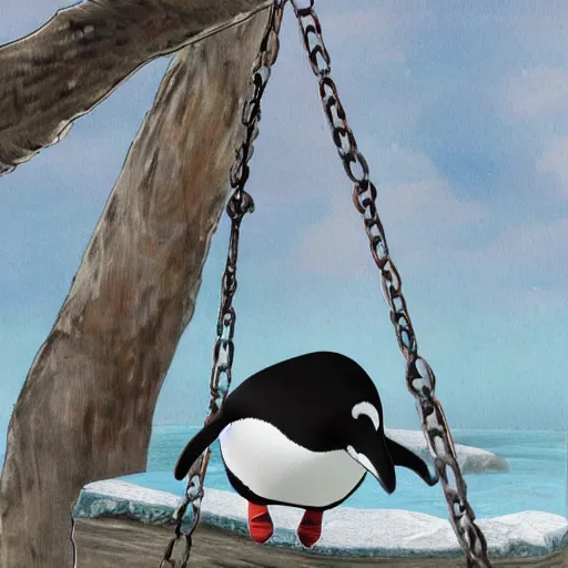 Prompt: realistic penguin sitting on a huge swing, hyper detailed, trending on artstation