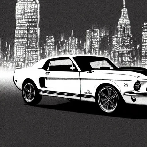 Prompt: 1 9 6 8 ford mustang at night view of new york in heavy mist, highly detailed, artstation, concept art