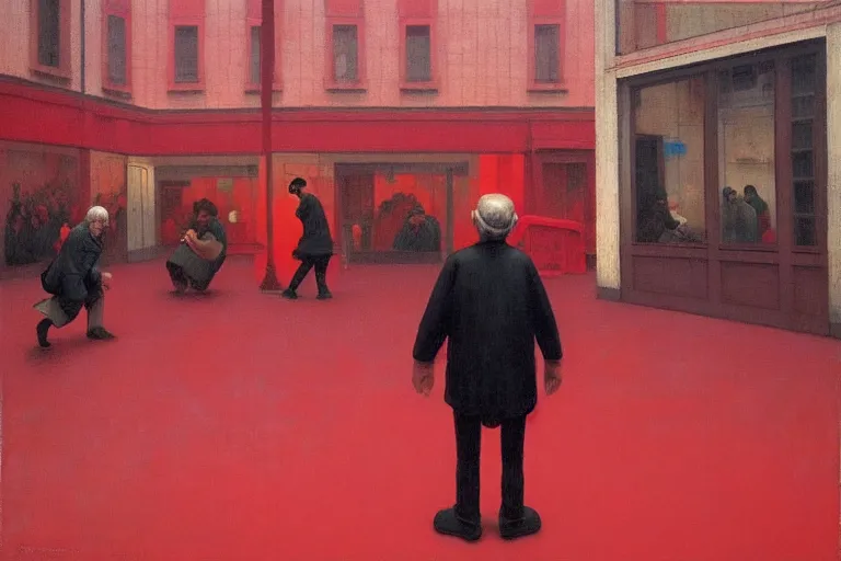 Image similar to only with red, a red old man try to sell a portrait, a crowd cheering, in a city square, in the style of beksinski, parts by edward hopper, parts by rodcenko, parts by yue minjun, intricate and epic composition, red by caravaggio, insanely quality, highly detailed, masterpiece, red light, artstation, 4 k