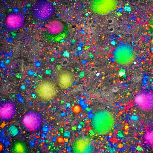 Prompt: a knee-deep, thin layer of microscopic, multi-colored glitter swirls above a the gritty pavement in a cyberpunk city of the future