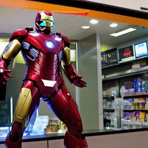 Image similar to Iron Man working as a 7/11 cashier, counter, laser scanner, macro, wide wide shot, very detailed, beautiful lighting