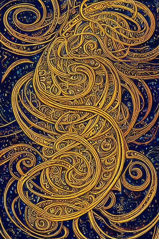 Image similar to a intricate background design with deep and intricate rune carvings and twisting intricate golden linework lovecraftian by dan mumford, twirling smoke trails, a twisting vortex of dying galaxies, collapsing stars, digital art, photorealistic, vivid colors, highly detailed, intricate painted by peter max