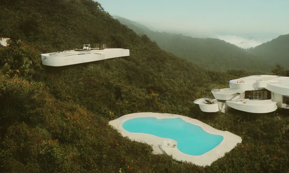 Image similar to 35mm film still, morning light over futuristic low-Fi villa in mountains high up, view over valley, fog in valley, the beach at a tropical island, vivid , color palette of gold, infinity pool in front of house