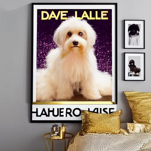 Prompt: cream - colored havanese dog in a sexy gold sequined dress, with lots of glittering light, beyonce, dave lachapelle poster, private press