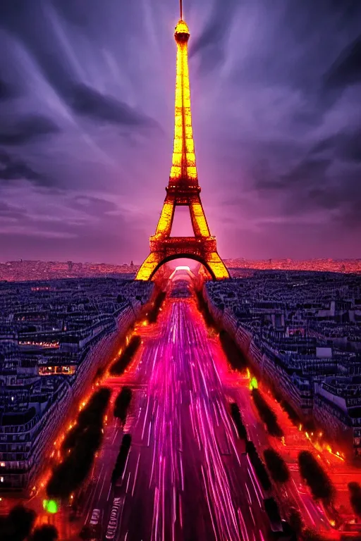 Image similar to neon streets of paris with eiffel tower, 4 k, award winning photo, cyberpunk style