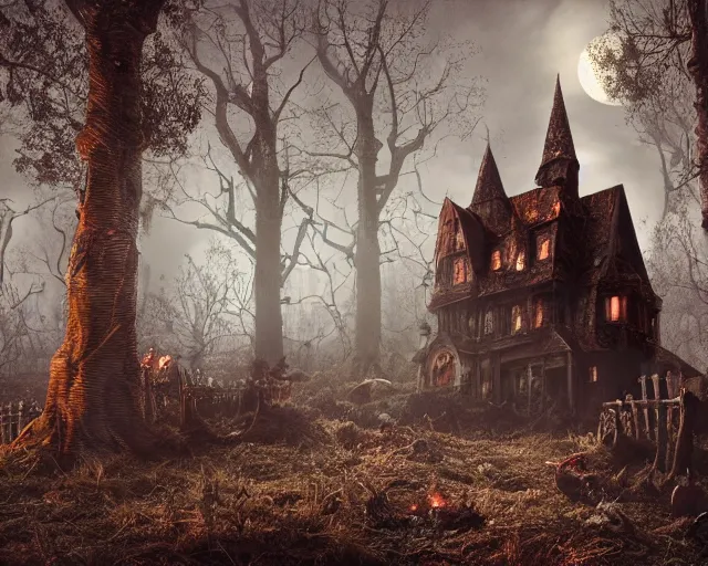 Prompt: the scariest witches house surrounded by horror creatures in the scariest dark forest, epic scene, dark, scary, horror, frightening, fantasy, cinematic, redshift render, cgi, hyper - detailed, photo - bash, 8 k post - production, masterpiece