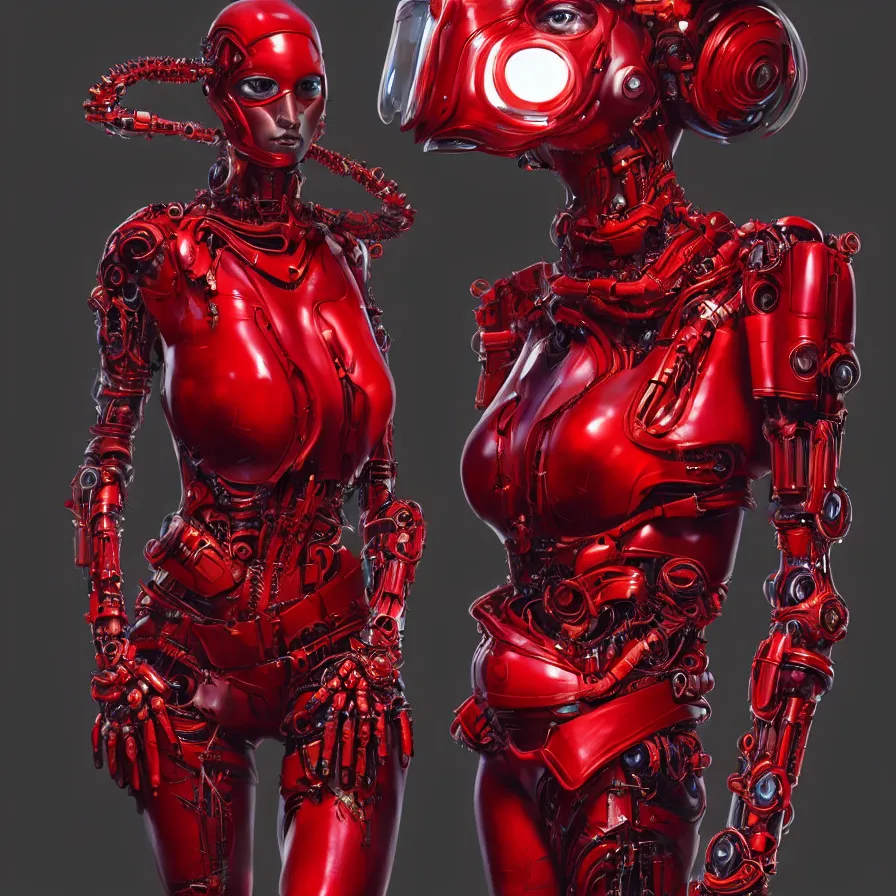 Image similar to portrait, super hero pose,! woman! red biomechanical dress, inflateble shapes, wearing epic bionic cyborg implants, masterpiece, intricate, biopunk futuristic wardrobe, highly detailed, art by akira, mike mignola, artstation, concept art, background galaxy, cyberpunk, octane render