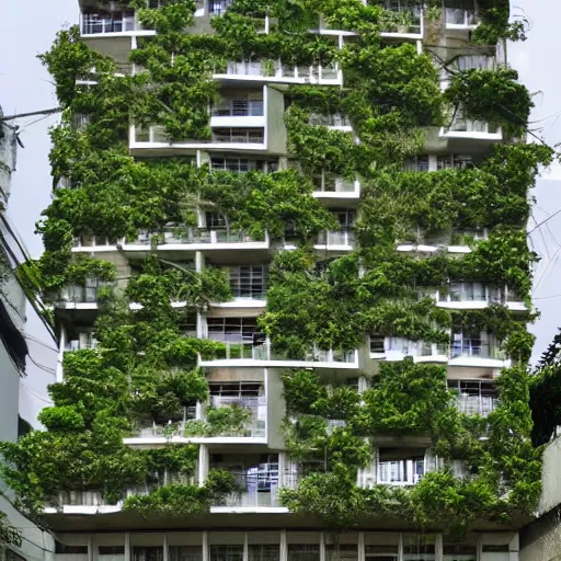 Image similar to ha noi apartment block by norman foster overgrown by vines