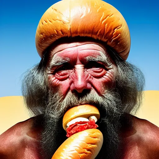 Image similar to Colour Photography of 1000 years old man with highly detailed 1000 years old face, that eating hot-dog in style of Josan Gonzalez