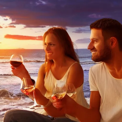 Image similar to one young man and one young woman drinking wine on a beach at sunset, beautiful colors, amazing landscape, painting, stunning details