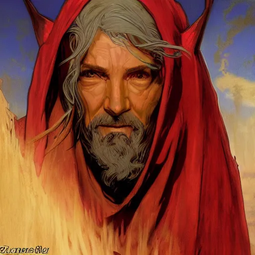 Image similar to ezra the elven desert bandit. Red robes. Epic portrait by james gurney and Alfonso mucha (lotr, witcher 3, dnd).