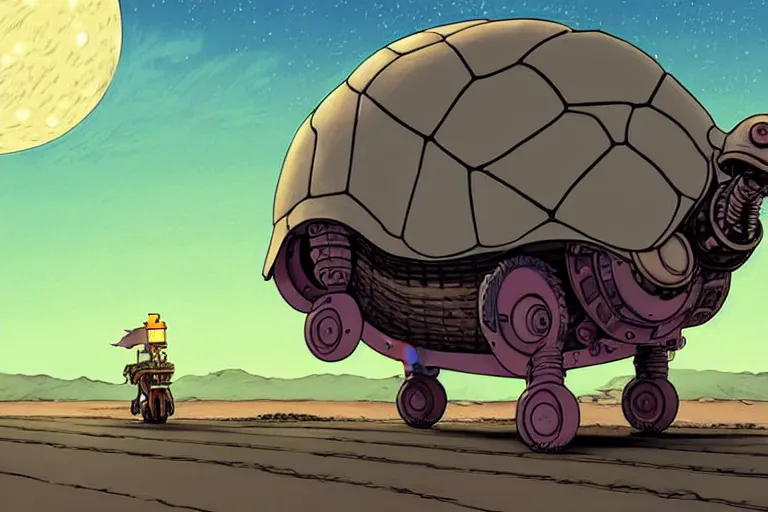 Prompt: a cell shaded cartoon of a lovecraftian mechanized turtle from howl's moving castle ( 2 0 0 4 ), on a desert road, in front of a full moon, full body, wide shot, very muted colors, post grunge, studio ghibli, laurie greasley, highly detailed, deviantart, art by artgem