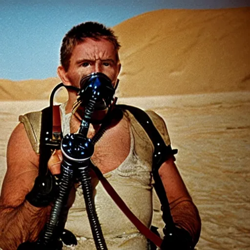 Image similar to a man wearing oxygen mask, heavily equipped, air tubes, straps, Mad Max inspired, in the desert, film still, arriflex 35