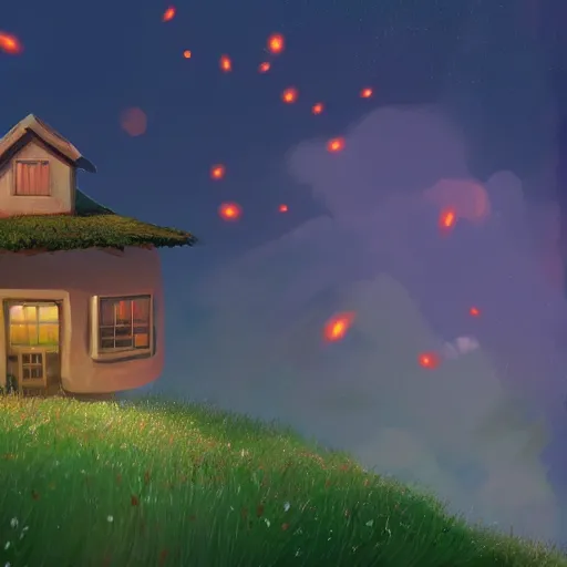 Image similar to beautiful 3 d painting of a colourful house on a hilltop at midnight with small fireflies flying around, in the style of studio ghibli, artstation, unreal engine