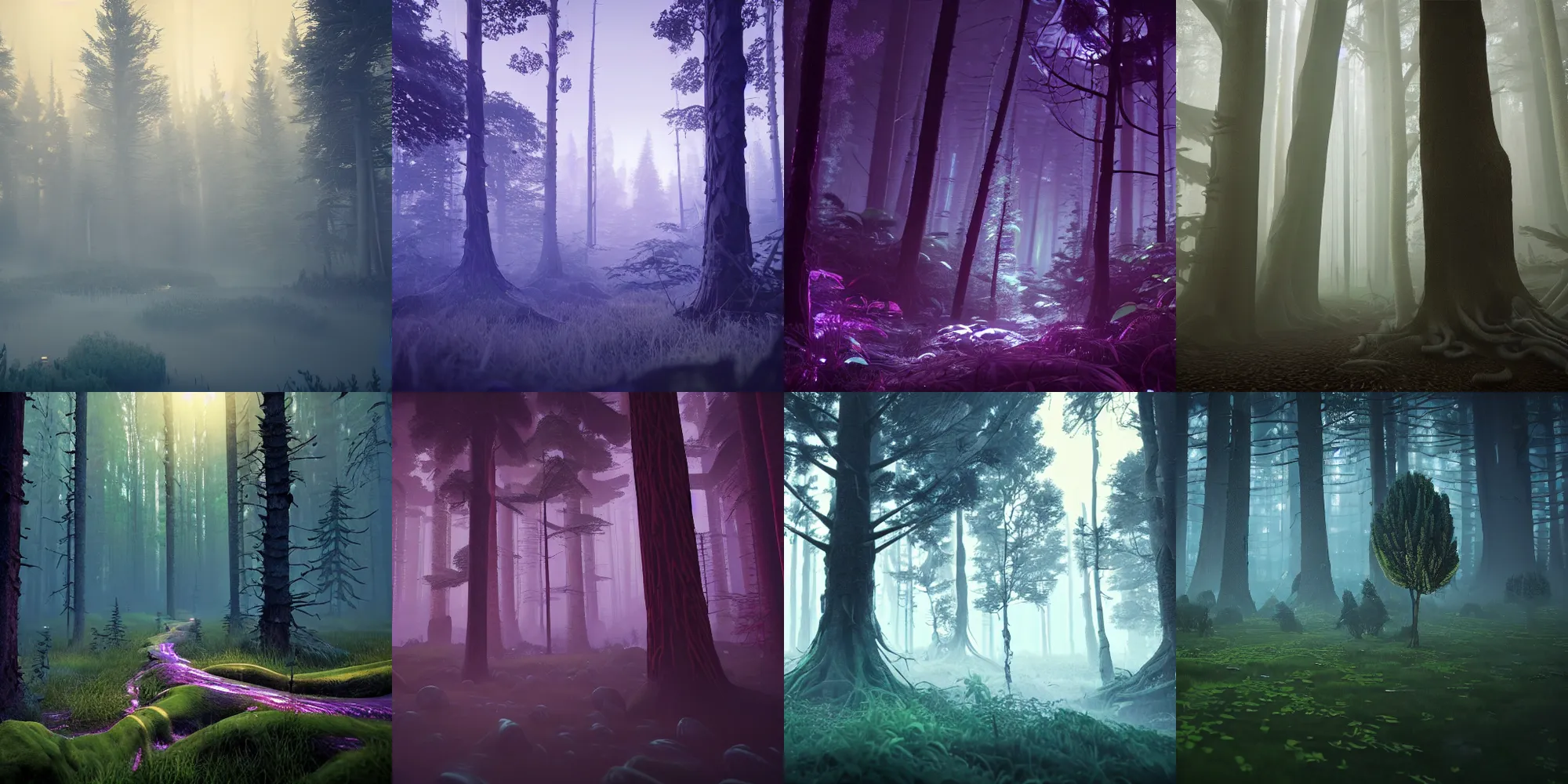 Prompt: beautiful dark forest landscape, tentacles, in the style of beeple and Mike Winkelmann, photo real, ultra realistic, intricate, epic lighting, 8k resolution, unreal engine 5, ultraviolet colors,