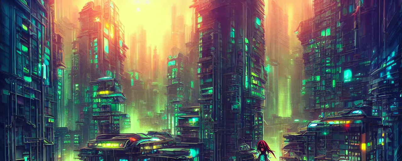 Image similar to A cyberpunk cityscape in the jungle, by Cyril Rolando, landscape, dramatic lighting, high contrast colors, panoramic view, as trending on Artstation, highly detailed,