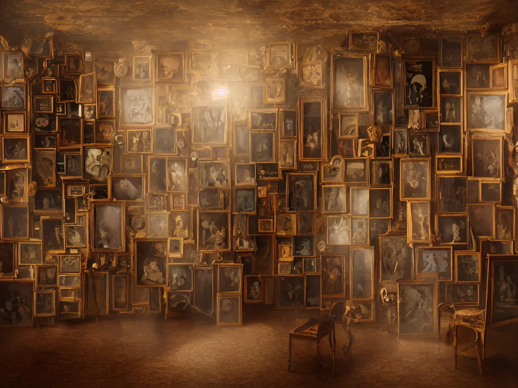 Image similar to the walls of an old victorian cabinet of curiosities full of georgian lover's eyes, eye miniature, shadowed room, small windows, volumetric light, dust, richard cosway, george engleheart, norbert ghisoland, gregory crewdson, erwin olaf, 4 k,