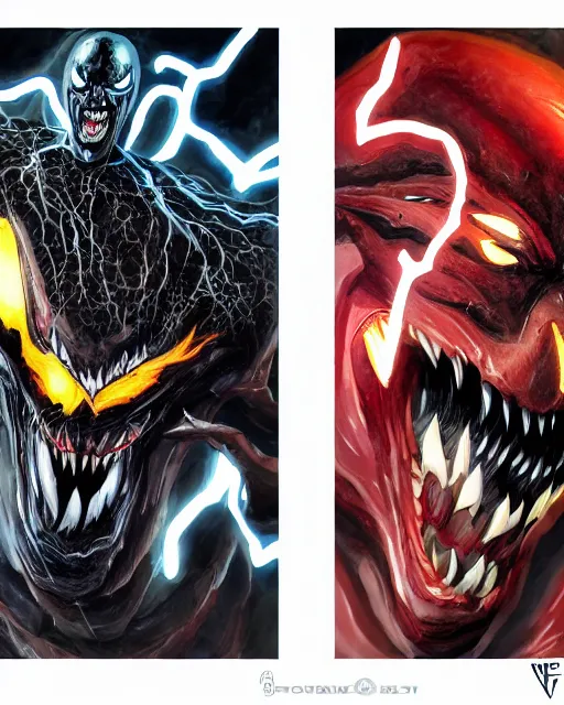 Prompt: venom as the flash, dynamic lighting, fantasy concept art, trending on art station, stunning visuals, creative, cinematic, ultra detailed, terrifying, black lightning, comic strip style