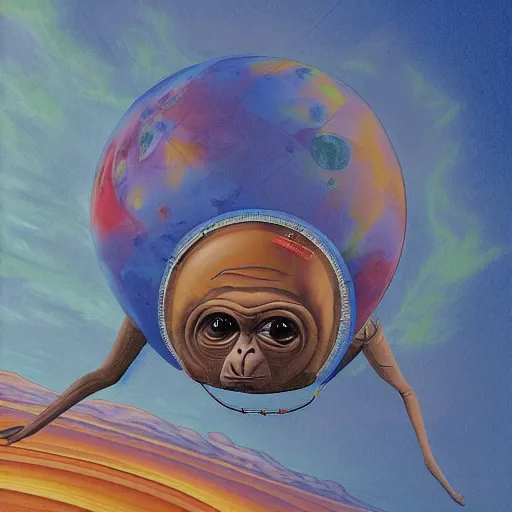 Prompt: a hybrid of an extraterrestrial with a monkey, landing in mars in a multi color hot air balon, by francis bancon