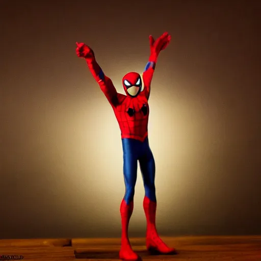 Prompt: wax spider-man in movie scene, dark rooom, cinematic light