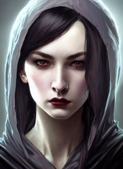 Image similar to long face, sharp features, girl, portrait, devil smile, grey eyes, black hair, dark cloak, dnd, art by artgerm and greg rutkowski and alphonse mucha, trending on artstation, cinematic light, pastel colors, volumetric shading, high radiosity dull skin, global illumination, radiant light, soft light, soft color dodge, subsurface scattering