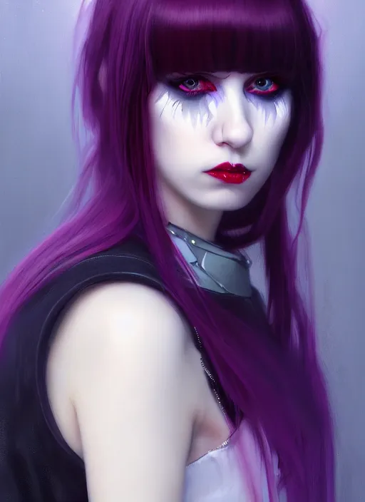 Image similar to portrait of white teenage girl, normal face, white bangs, mall goth, cyberlox, black and white hair, bangs, fluffy bangs, red contact lenses, purple lipstick, intricate, elegant, highly detailed, digital painting, artstation, concept art, sharp focus, smooth, illustration, art by wlop, mars ravelo and greg rutkowski