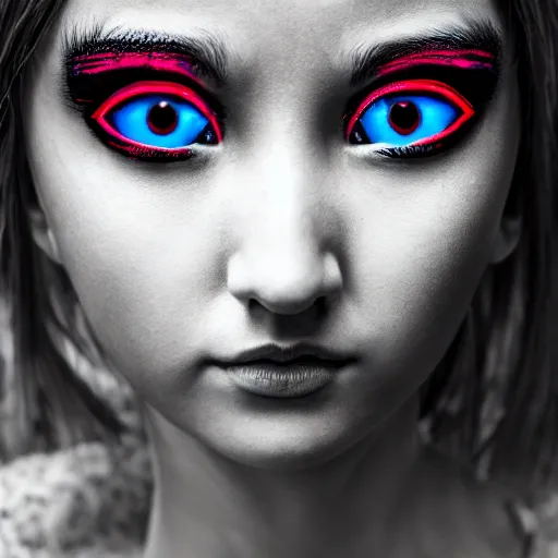 Image similar to prompt, modelsociety, radiant skin, three huge anime eyes, third eye, rtx on, perfect face, intricate, sony a 7 r iv, symmetric balance, polarizing filter, photolab, lightroom, 4 k, dolby vision, photography award