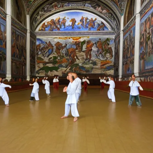 Prompt: tai chi class at the sistine chapel