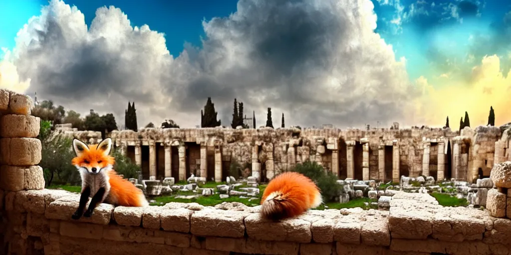 Image similar to a adorable small fox in the huge ruins of the second temple in jerusalem in the distance. the third temple hovers quietly hiding in the dreamy clouds above. a hooded bearded old man in a tunic laughing, colorful 8 k, art station, intricate superb details, digital art, cinematic, bokeh dof sky, an expressionist painting by afremov.